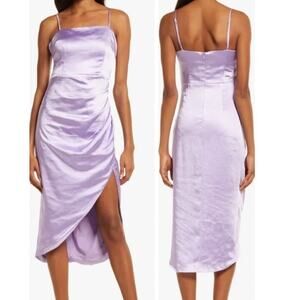 ELLIATT Casey Ruched Asymmetric Hem Dress Lavender Side Slit Satin Lined Sz XL